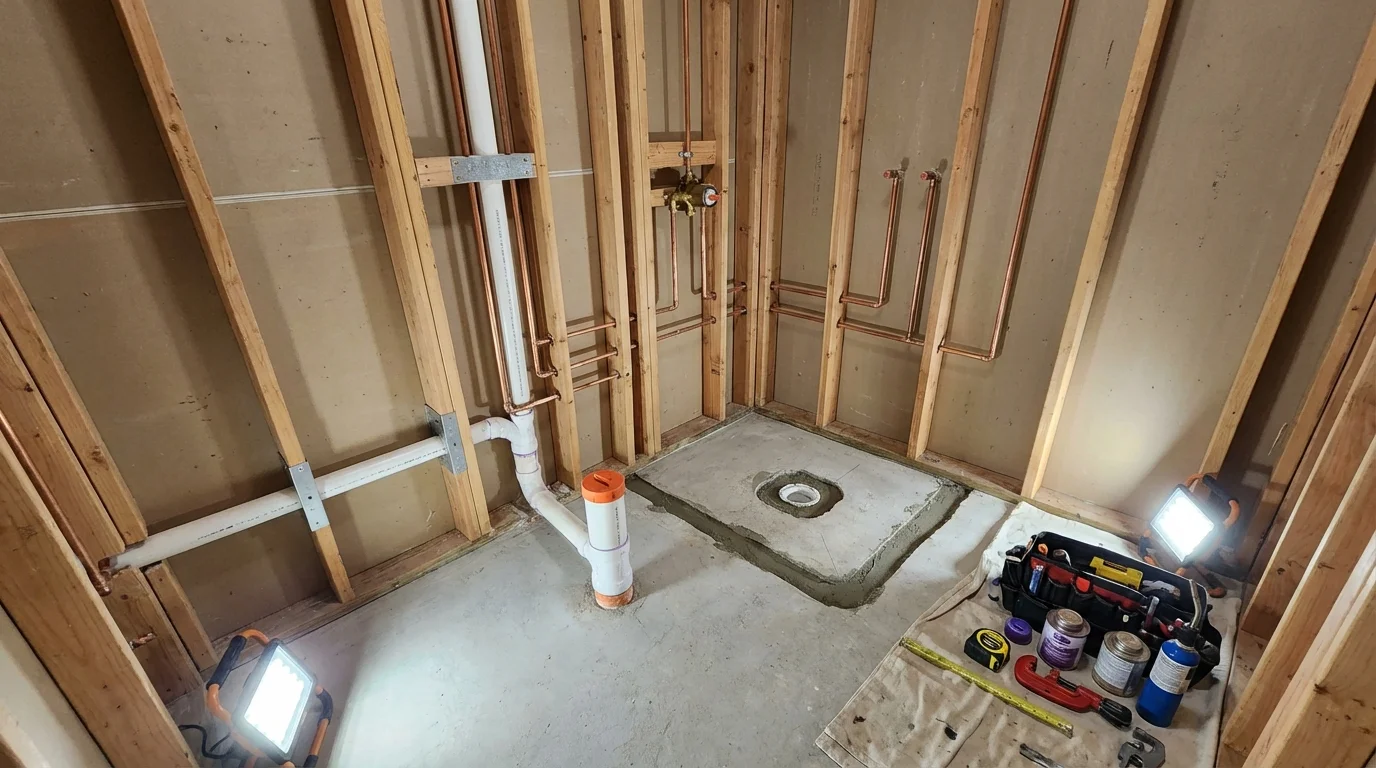 Bathroom rough-in plumbing during remodel by Johns Plumbing LLC in Grenada