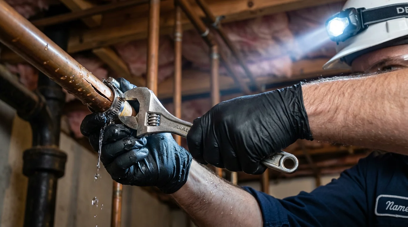 Emergency pipe clamp repair being performed by a Johns Plumbing LLC plumber in Grenada