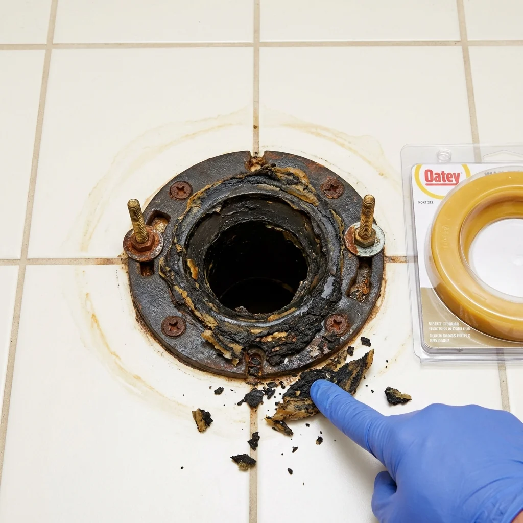 Failed wax ring showing water seepage at the base of a toilet in a Grenada, MS home