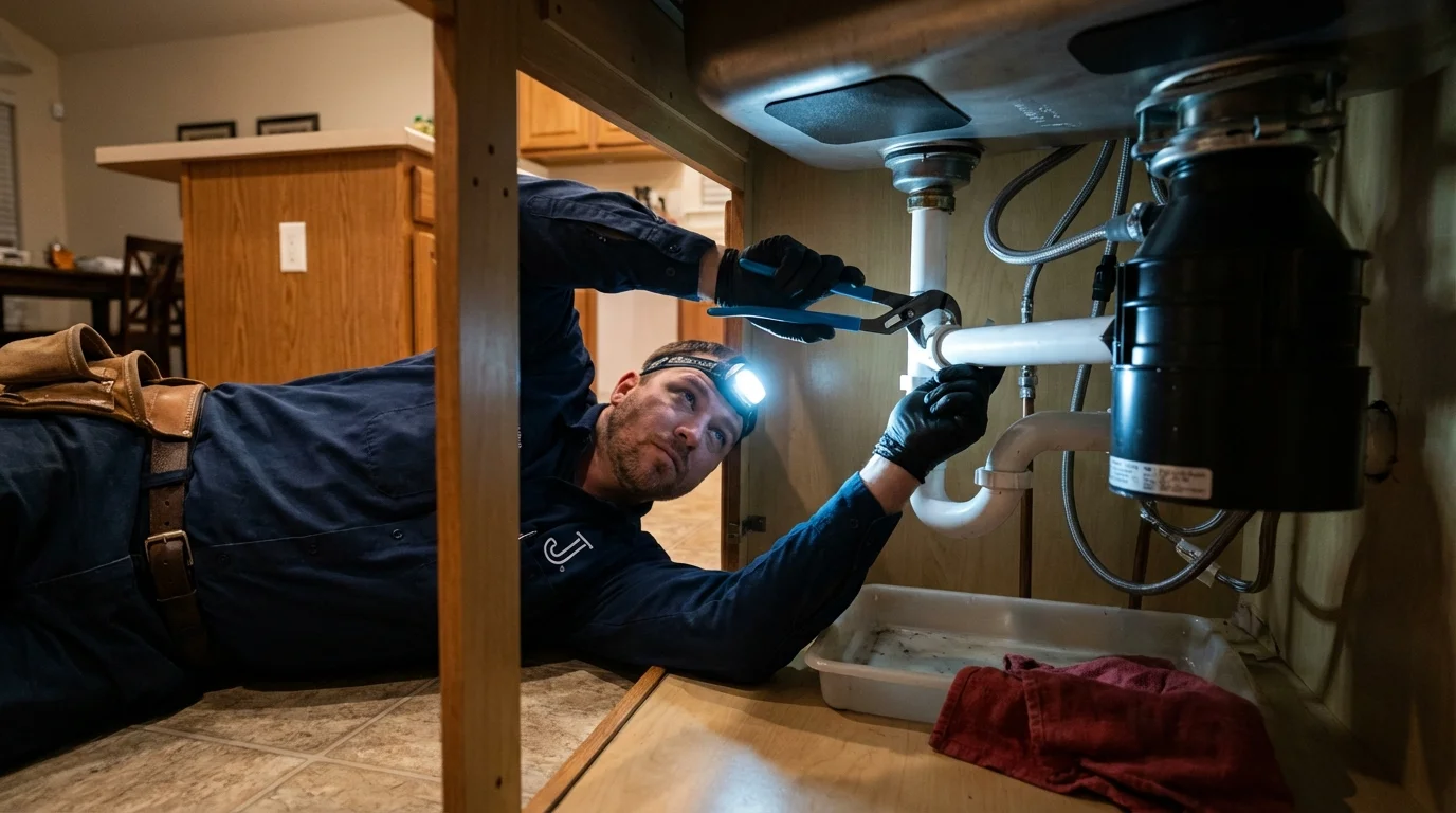 P-trap and supply line connections under a kitchen sink showing a common leak point in Grenada, MS